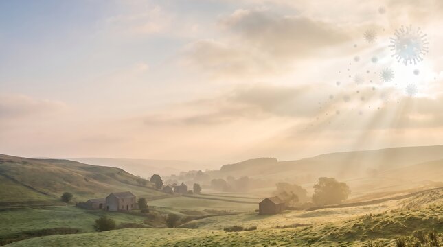 Rural Morning Landscape with Floating Pathogens