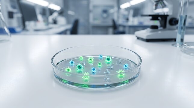 Glowing Pathogens in Petri Dish on Desk