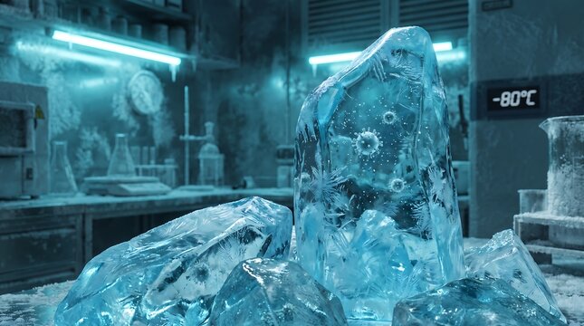 Frozen Ice Blocks in Cryogenic Laboratory Room