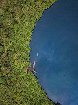 Aerial view of the lush green coastline with a wooden dock extending into the deep blue water and a small boat nearby in Bastimentos Island, Bocas del Toro Province, Panama.