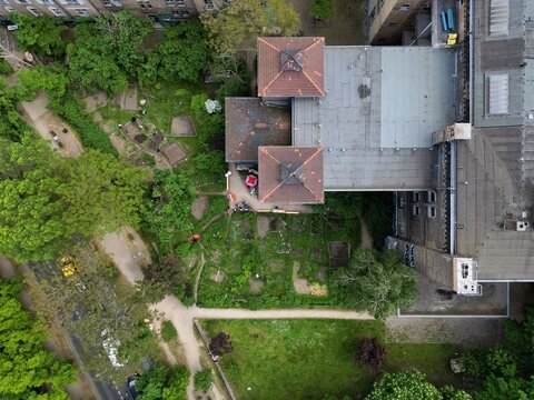 Aerial view of Ton Steine Garten featuring community garden plots, lush green trees, and the adjacent building roof with distinct towers in Berlin, Berlin, Germany.