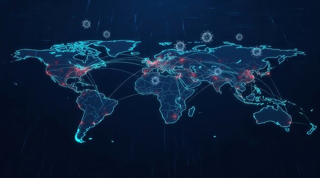 World Map Digital Network with Floating Microbes