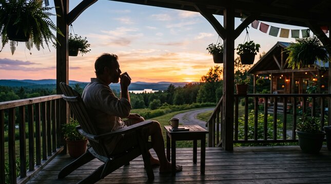 Man enjoys coffee on porch overlooking scenic sunset landscape with rolling hills and lake