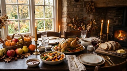 Fototapeta premium Rich Thanksgiving or harvest dinner setup with roasted chicken, fresh fruits, vegetables, bread, and glowing candles in a cozy rustic dining space.