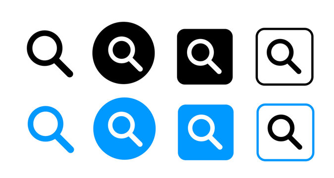 Search icon set, magnifying glass UI symbols in circular and rounded square buttons for find lookup and navigation interface design.
