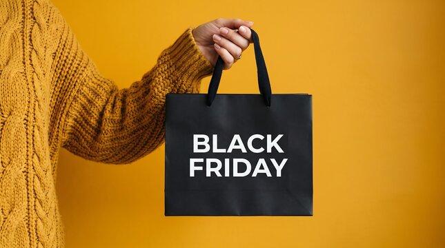 Woman holding Black Friday shopping bag on yellow background