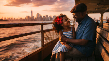Obraz premium Emotional multigenerational moment of an elderly Black man hugging his little granddaughter tightly while they stand on a wooden ferry deck overlooking the skyline at sunset