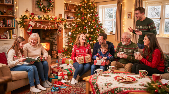 Una familia multigeneracional celebra felizmente la Navidad abriendo regalos en una sala de estar decorada con &aacute;rbol y chimenea encendida.