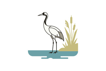 Naklejka premium Elegant crane bird standing near reeds in a calm pond water scene