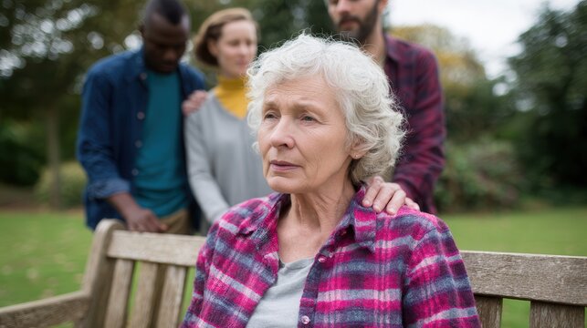Older woman seated on park bench looking unwell while companion offers comforting support and nearby adults watch with concern in outdoor daytime setting, with elderly, woman, senior, bench detail
