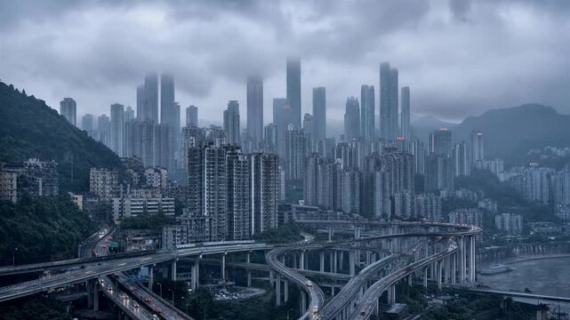 Metropolis Under Gloom: Towering skyscrapers pierce a heavily clouded sky, casting an imposing shadow over a complex network of elevated highways and dense urban housing.