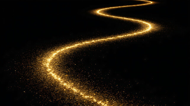 Winding path of glowing golden dust particles creating a magical trail on a solid black background.