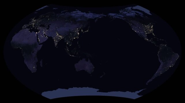 Wagner world map projection. Earth night lights texture. City lights visible on dark globe. Elements of this animation derived from NASA imagery.