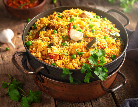 Traditional migas flour crumbs saut&eacute;ed with garlic and green peppers served in a heavy cast iron skillet on a wooden surface.