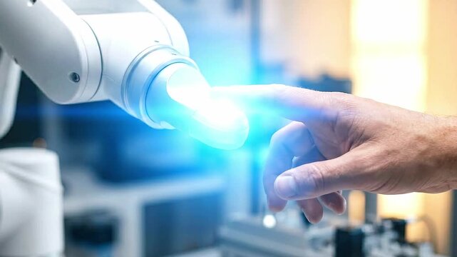 Robotic arm reaching to touch human finger in this advanced technology digital motion animation.