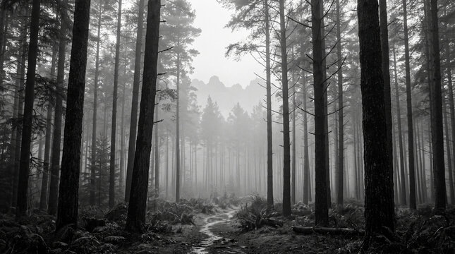 Dramatic black and white landscape of dense coniferous evergreen forest covering a misty mountain valley, low clouds and fog rolling through trees, 