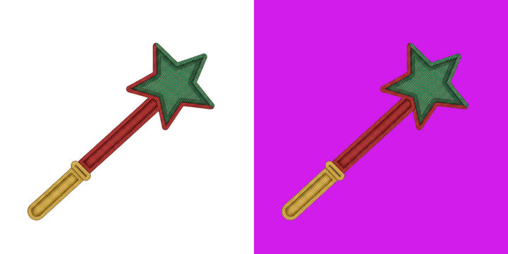 Knitted toy magic wand with green star on colorful panels