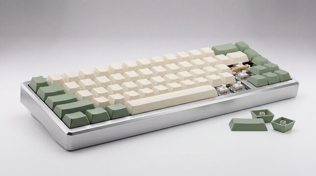 Detailed modern mechanical computer keyboard with visible individual keycaps and internal components, representing computer hardware, technology, gaming, typing, and digital work.