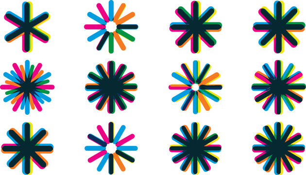 Retro chromatic aberration asterisk icons, set of 12 colorful geometric starburst symbols, vintage glitch effect vector elements