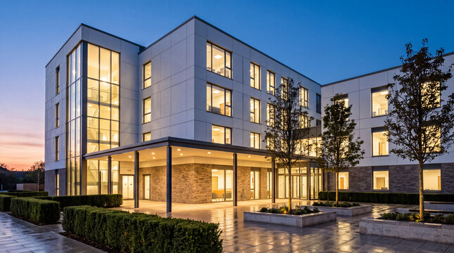 Contemporary multi-story residential building illuminated at night, featuring large windows, modern architecture, landscaped surroundings, and a reflective water feature.