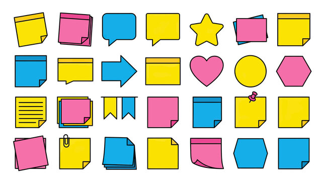 Sticky Notes and Icons Collection on Transparent Background