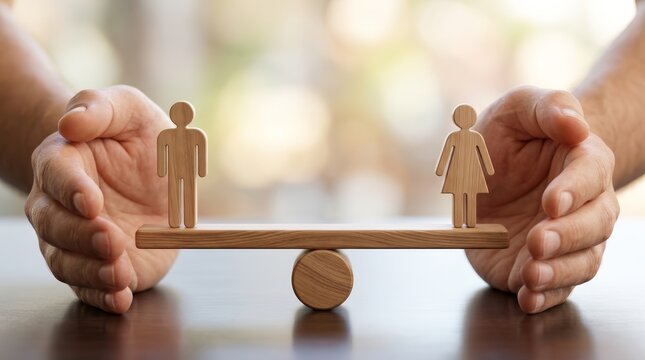 A wooden seesaw with male and female figures achieving perfect gender parity and balance.