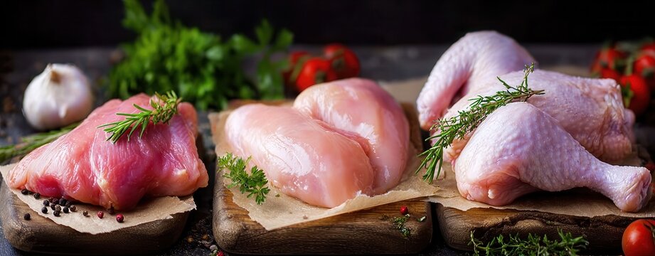 Assorted raw chicken cuts on rustic wooden board with herbs and coarse salt, prepared for cooking and food styling with fresh poultry pieces, with chicken, poultry, raw, fillet detail