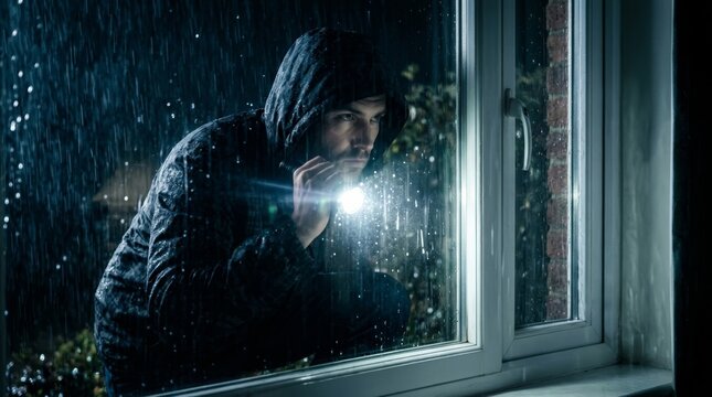 Criminal wearing a hoodie peeking through a residential window.