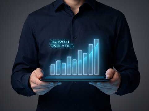 Businessman presenting growth analytics on a tablet with glowing blue graph
