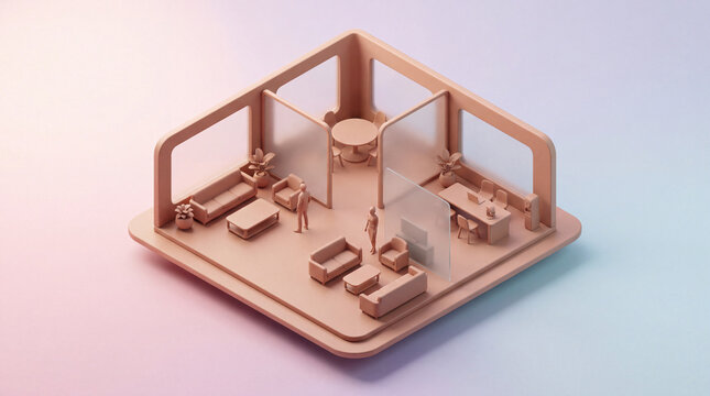 Isometric 3D visualization of a modern home interior floor plan featuring multiple rooms, furniture, and architectural elements, representing residential design and smart living.