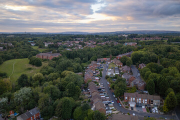 Fototapeta premium Aerial Image of Blackley Suburban Streets, Parkland, and Irk River Valley Manchester