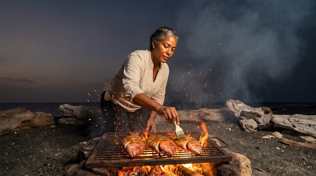 Focused woman grilling fresh fish over an open campfire on a dark sand beach at dusk