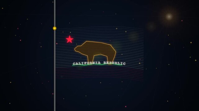 Neon digital outline of the california state flag floating in deep dark space with glowing stars and particles 4K Motion Video