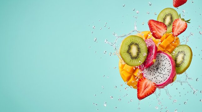 Fresh tropical fruit splash with kiwi, strawberry, dragon fruit, and mango in water on cyan background.