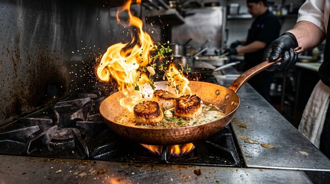 Chef searing gourmet scallops in copper pan with dramatic flames in kitchen