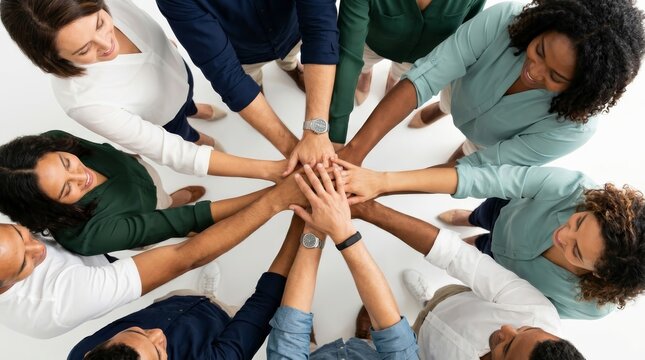 A group of multiethnic people building cohesion and community team spirit through a huddle.