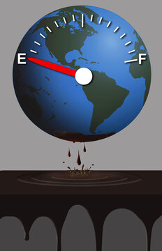 A fuel guage on the planet earth indicates the tank is nearly empty of oil and gas resources in this 3-d illustration.