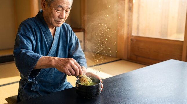 Serene senior Japanese tea master preparing traditional matcha with bamboo whisk in sunlit room