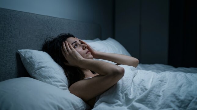 Anxious young woman lying in bed at night suffering from insomnia and stress.