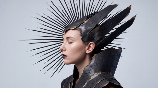 Elegant side profile of a futuristic woman wearing an artistic black feather and spike headdress, combining fashion, fantasy, beauty, and avant-garde visual design.