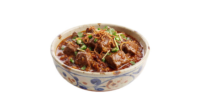 Traditional Pakistani or Bangladeshi beef korma or curry with tender meat chunks in a bowl, isolated on transparent background
