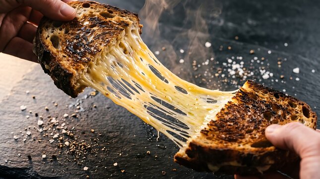 Delicious gourmet grilled cheese sandwich pull with melted hot cheese and steam on dark slate