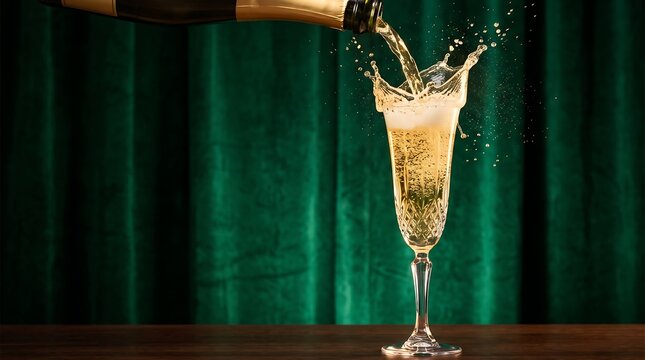 Elegant golden champagne splashing into a crystal flute glass against a luxurious green velvet background during a celebration