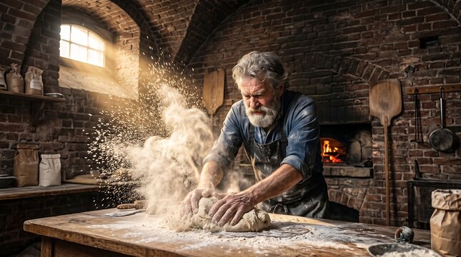 Passionate senior baker kneading fresh bread dough with dramatic flour explosion in a rustic brick bakery