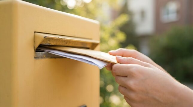 Hand retrieving a document from a yellow mailbox slot.