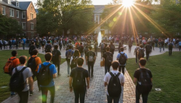 Students walking on a university campus quad at sunset with sun rays