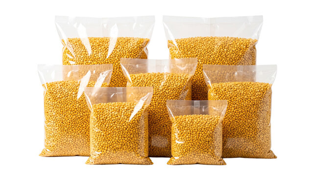 Transparent plastic bags filled with yellow lentils, variety of clear food packaging pouches, bulk grain storage for retail isolated PNG with Transparent Background