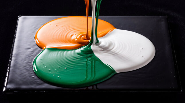 Vibrant orange, white, and green liquid paint drops flowing and overlapping on a dark surface, creating a colorful abstract composition for creative backgrounds and design projects.