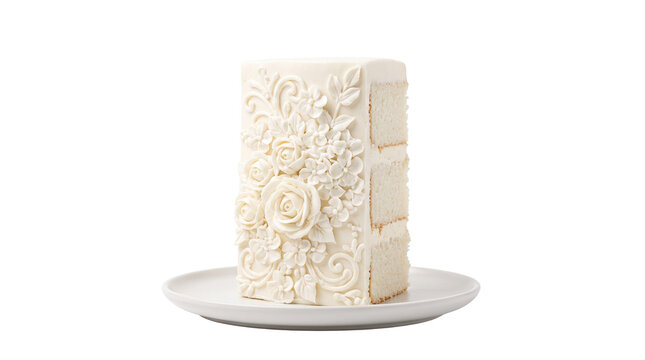 Elegant white wedding cake with floral bas-relief frosting, tall rectangular tiered cake on ceramic plate, luxury gourmet dessert isolated PNG with Transparent Background