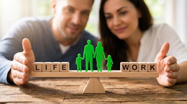 Couple maintaining a healthy work life balance with family figures on a scale.